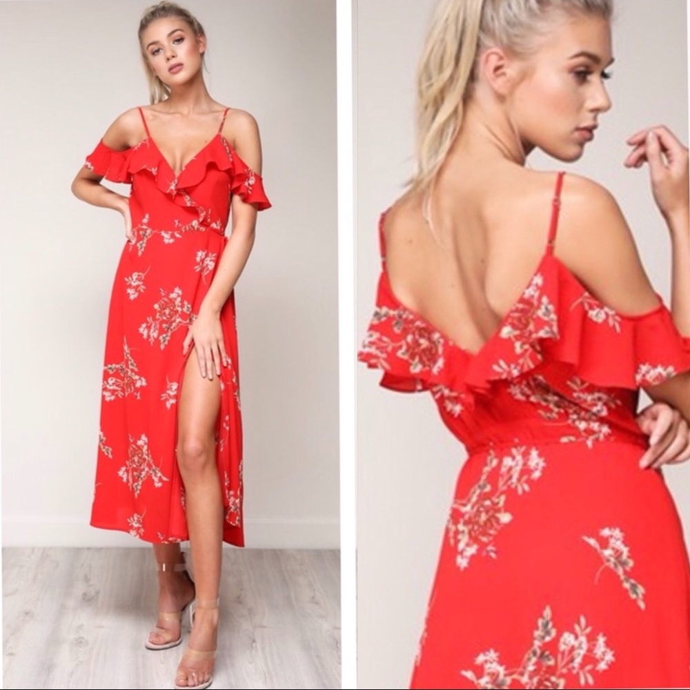 Off Shoulder Floral Wrap Butterfly Red Midi Dress - Picture 3 of 9